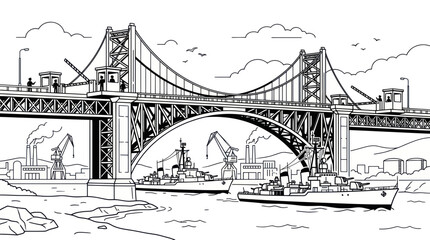 Military warships sailing under a massive suspension bridge © bagas