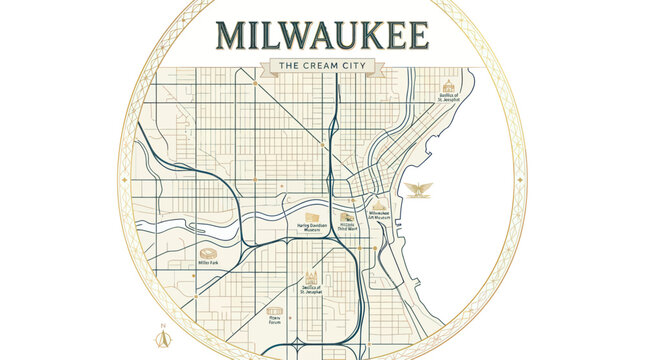 Vintage circular city map of milwaukee with landmarks and lakefront