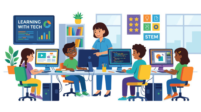 Diverse children learning computer science and coding with teacher