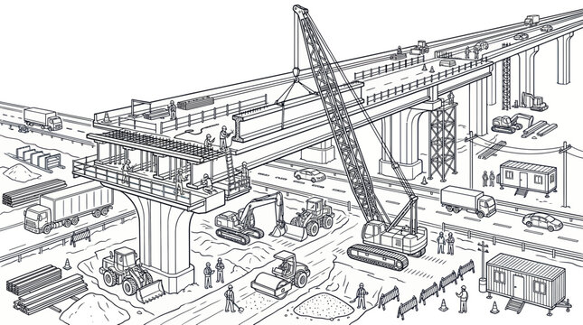 Busy bridge construction site with heavy machinery and workers