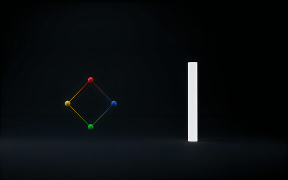 Abstract colorful geometric shape with four colored spheres connected by lines and a white cylinder