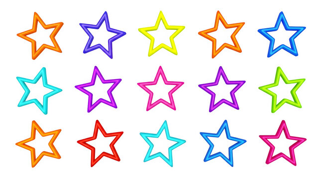 Set of colorful 3d star shapes with hollow centers isolated on transparent background