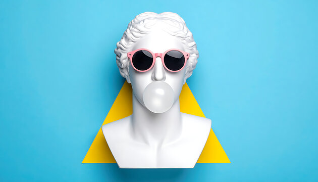 White marble bust wearing pink sunglasses blowing bubblegum, against a bright blue background with a yellow triangle.