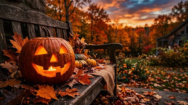 Spooky Jack-o-lantern on a wooden bench surrounded by autumn leaves at sunset
