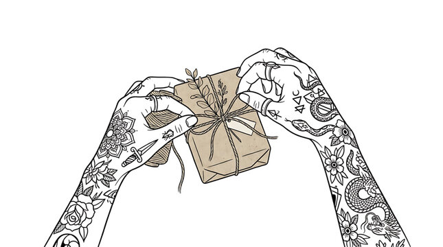 Tattooed hands wrapping a gift box with twine and a sprig of leaves