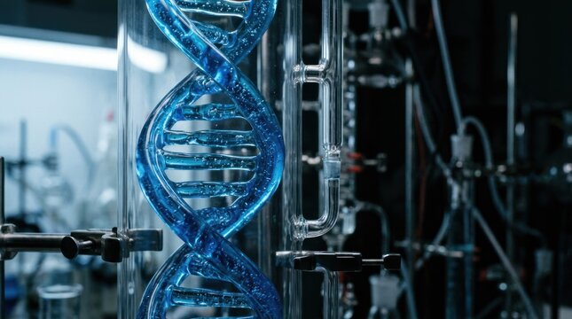 3D Rendering of a Blue DNA Double Helix in a Scientific Laboratory Setting.