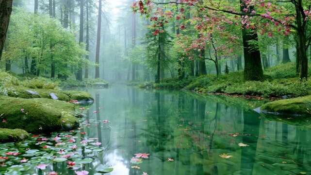 Tranquil forest pond with lily pads and mossy rocks in gentle mist