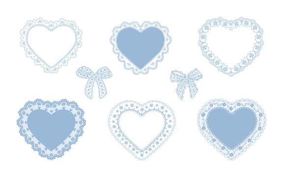 Set of openwork lacy heart and delicate bows. Shabby chic, grandmillennial vibes. Vintage doily aesthetic. Hand drawing isolated elements for greeting cards, event invitations, social media