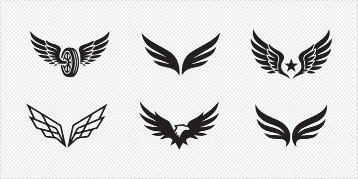 Vector icon set featuring eagle wings tire and star emblem designs, silhouette