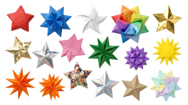 Collection of various handmade origami stars isolated on transparent background