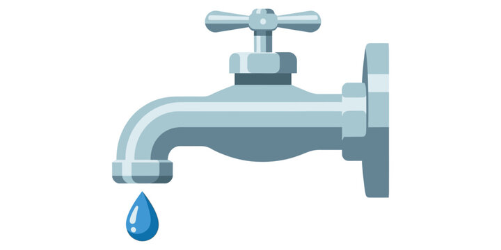 Water Tap Dripping: A silver metallic water tap with a single drop of clear blue water falling from its spout, symbolizing conservation and scarcity.