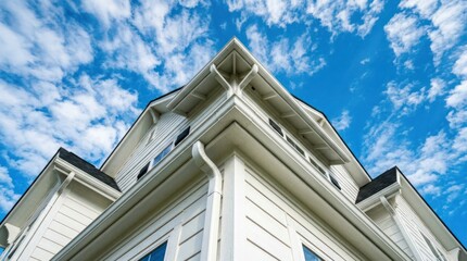 Obraz premium Low Angle View of White House Exterior with Blue Sky and Clouds.