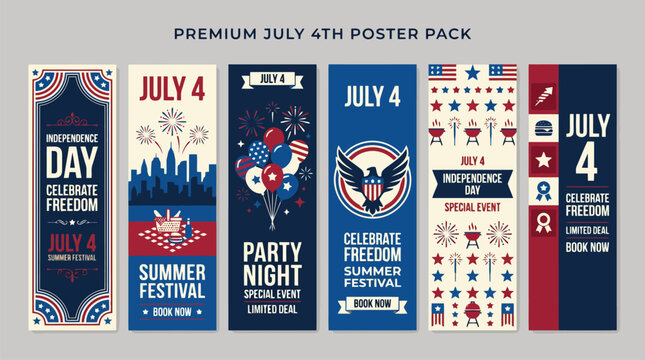 Premium July 4th poster pack with 6 vertical banners, Independence Day celebration vector templates, patriotic summer festival event flyers