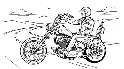 Man riding a custom chopper motorcycle on an open highway © Bebel