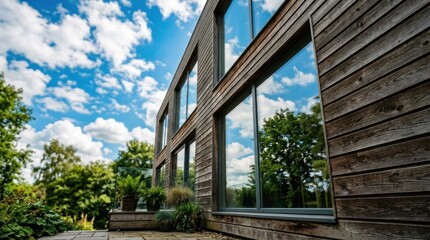 Fototapeta premium Modern Wooden Building Facade with Reflective Windows and Lush Greenery.