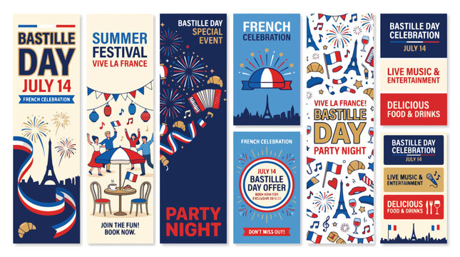 Bastille Day French Celebration Banners, July 14 National Day Vertical Posters, Vive La France Party Night Flyers with Eiffel Tower and Fireworks