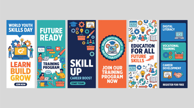 World Youth Skills Day vertical banner set, vocational training and education program posters, career development and digital literacy vector templates