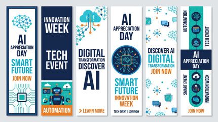 Naklejka premium AI Appreciation Day vertical banner set, digital transformation tech event posters, innovation week marketing templates with robot and cloud icons