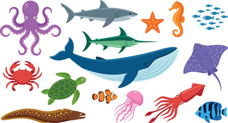 Cute cartoon sea animals collection with whale shark octopus turtle jellyfish starfish stingray under the ocean vector © Lunavera art