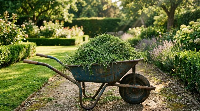Wheelbarrow Full of Grass Clippings in a Lush Garden Setting.