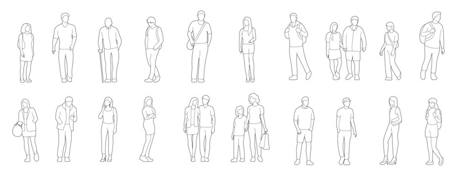 set of people walking front view in the city. minimalist outline elevation drawings for architectural style. diversity of citizen. black continuous line art plan vector illustration.