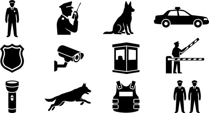 Security Guard and Protection Service Silhouette Icon Set