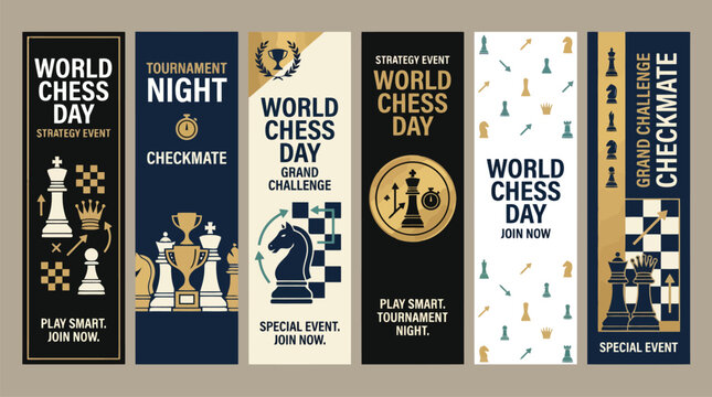 World Chess Day vertical banner set, elegant tournament night promotion templates, grand challenge checkmate vector collection with gold and navy accents