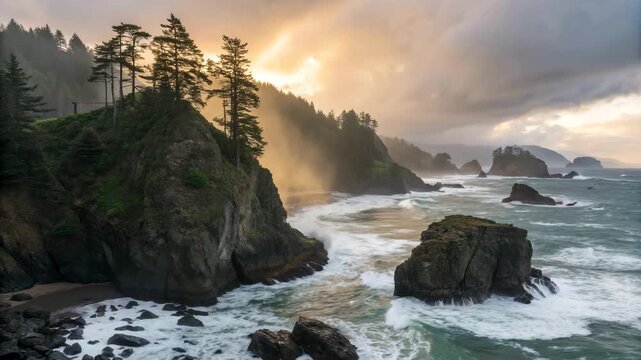 Dramatic coastal cliffs during golden hour with crashing waves and moody skies