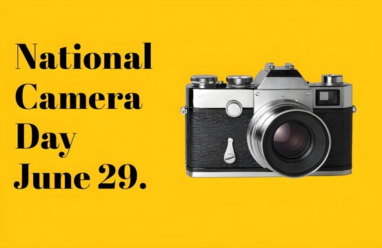 Vintage film camera on a bright yellow background for national camera day
