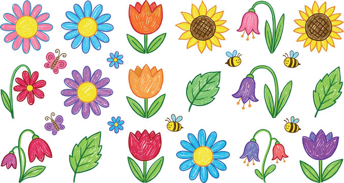 Cute crayon doodle flower vector set featuring colorful hand drawn tulips sunflowers daisies bluebells leaves butterflies and little bees on white background