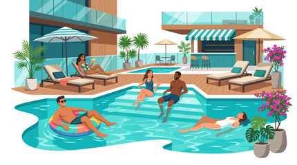 Fototapeta premium Friends relaxing at a luxury resort pool during summer vacation