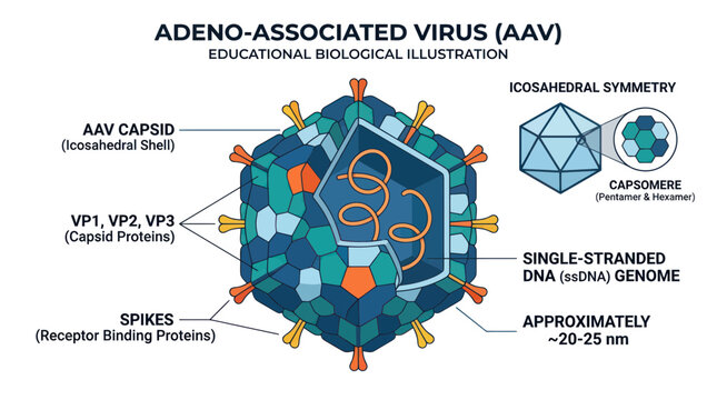 Educational diagram of adeno-associated virus structure and genome