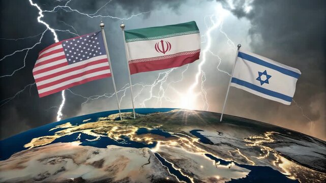Flags of USA Iran Israel waving dramatically over stormy earth with lightning strikes