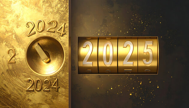 Year 2024 turning into 2025, gold combination lock and safe with sparkling confetti, symbolizing new beginnings and future opportunities