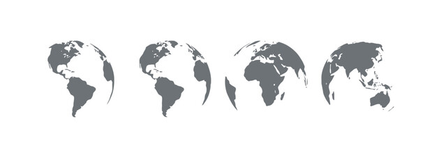 Set of four detailed gray earth globe icons representing global connectivity and geography © MDTAREQ