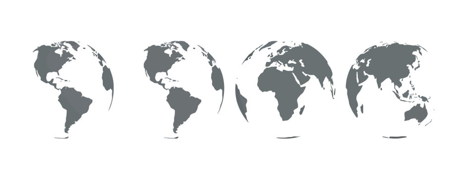 Set of four grey stylized world globe icons showing different continents on white background