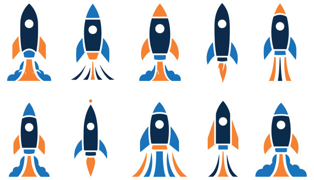 Rocket launch icon. Vector design spaceship lifting off with smoke illustration