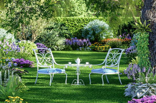 Romantic garden seating area with elegant white metal chairs and tea table 3d render