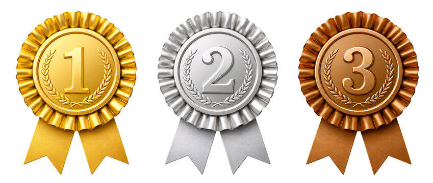 Set of gold, silver and bronze place award rosettes isolated on transparent background