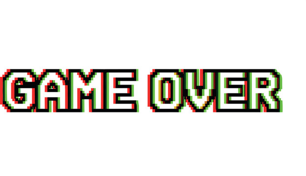Retro pixel art game over text vector icon with chromatic aberration glitch effect isolated on white background for arcade gaming theme