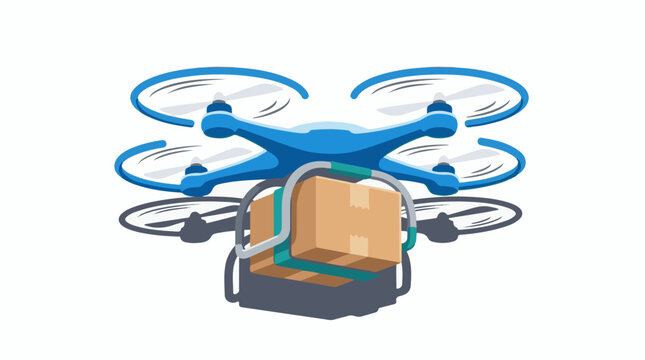 A blue drone carries a cardboard box with green and gray straps