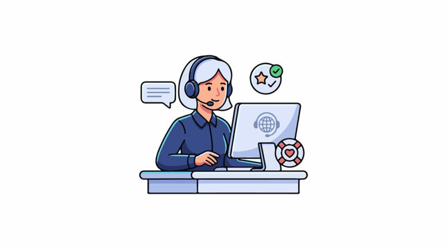 A smiling woman with headphones sits at a desk with a laptop and various icons