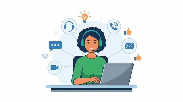Smiling customer support agent wearing headset working on laptop
