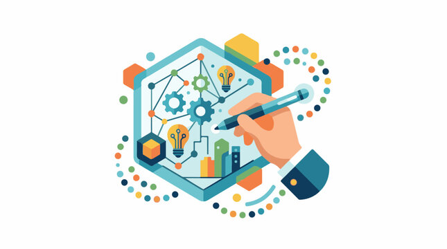 A stylized illustration of a hand holding a pencil interacting with a large hexagon containing various colorful gears
