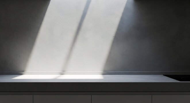 Minimalist kitchen interior with cimento queimado wall texture illuminated by soft natural sunlight streaming from above for a modern architecture aesthetic
