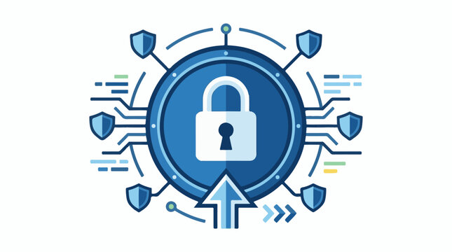 A blue circle with a white padlock surrounded by shields and circuit board lines