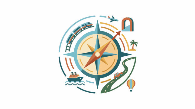 A colorful compass surrounded by modes of transportation and travel icons