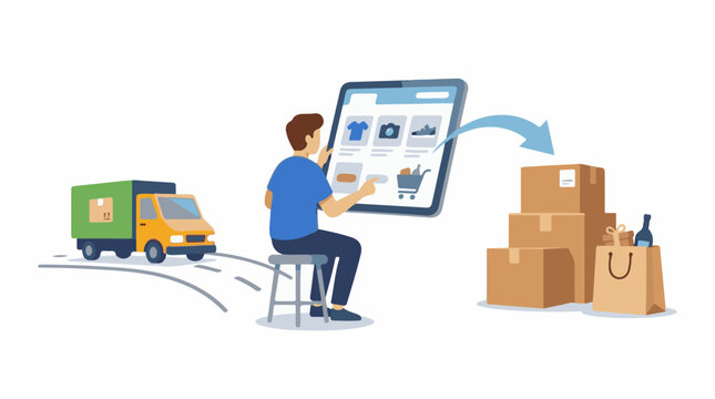 A man places an order on a large smartphone with packages and a delivery truck nearby