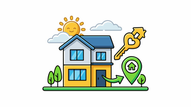 A cartoon house with a blue roof and yellow base surrounded by trees and a map