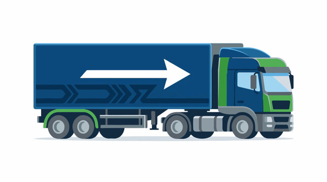 A blue and green semi-truck with a white arrow